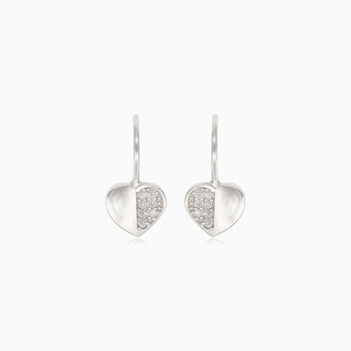Silver heart earrings with half-covered cubic zirconia