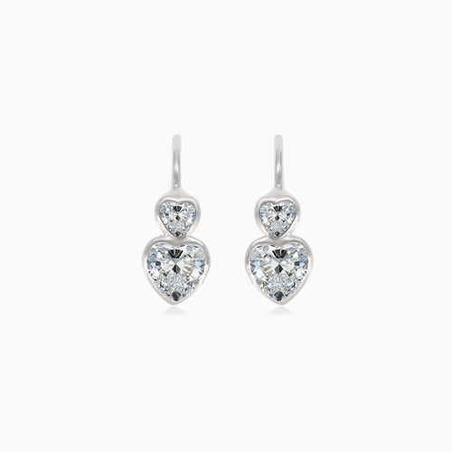 Silver drop earrings with two cubic zirconia hearts