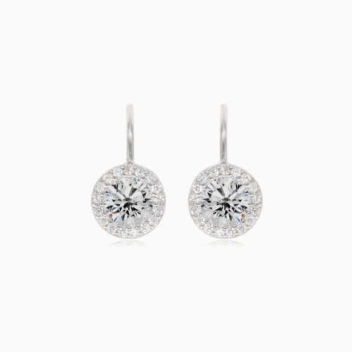 Silver halo drop earrings with round cubic zirconia