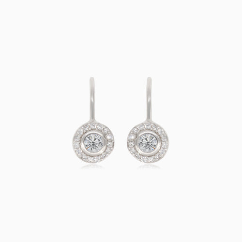 Silver earrings with large cubic zirconia, surrounding smaller cubic zirconia