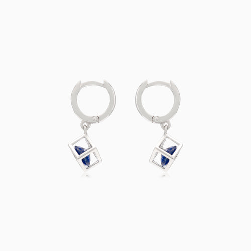 Silver cube earrings with synthetic sapphire inside