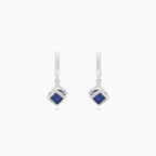 Silver cube earrings with synthetic sapphire inside