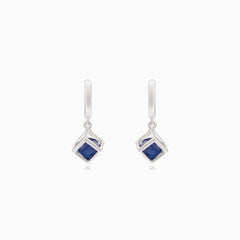 Silver cube earrings with synthetic sapphire inside