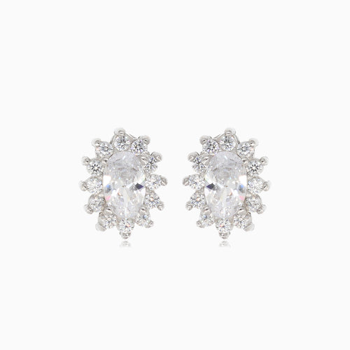 Silver halo earrings with oval cubic zirconia