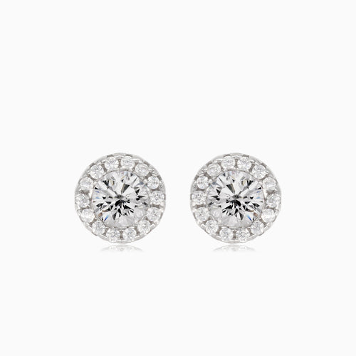 Silver earrings with central and surrounding cubic zirconia