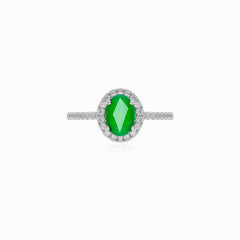 Halo silver ring with emerald and cubic zirconia