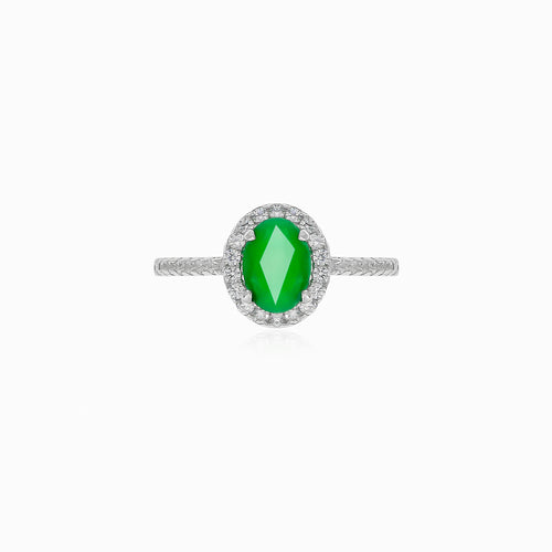 Halo silver ring with emerald and cubic zirconia