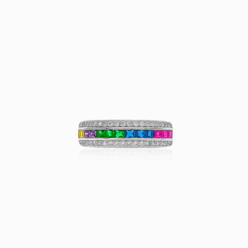 Silver rainbow gemstone ring