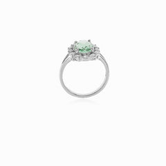 Halo silver green amethyst and cubic zirconia ring