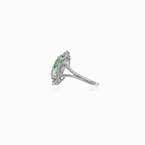 Stříbrný prsten Halo se zeleným ametystem a kubickými zirkony