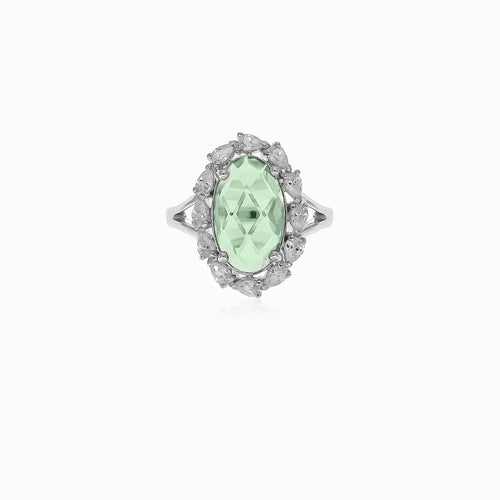 Stříbrný prsten Halo se zeleným ametystem a kubickými zirkony