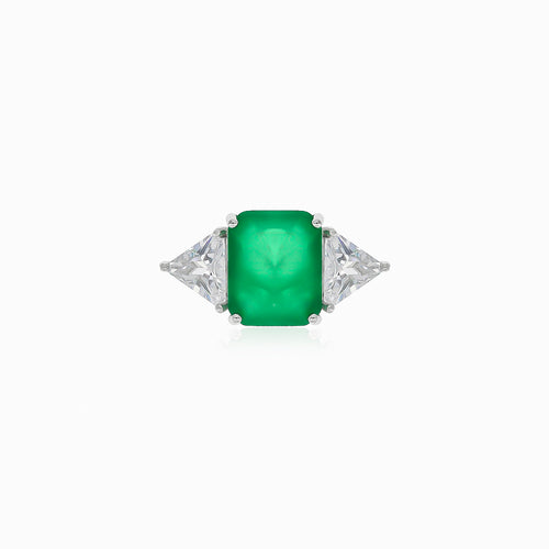Emerald and trilliant cubic zirconia silver ring