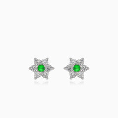 Silver stars earrings with synthetic emerald and cubic zirconia