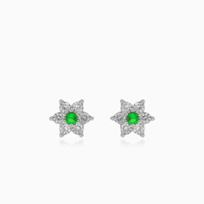 Silver stars earrings with synthetic emerald and cubic zirconia