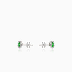 Silver stud earrings with round synthetic emerald