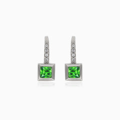 Silver earrings with synthetic emerald square