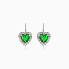 Stříbrné naušnice ve tvaru srdce se syntetickým smaragdem a zirkony