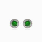 Silver earrings with synthetic emerald and surrounding cubic zirconia