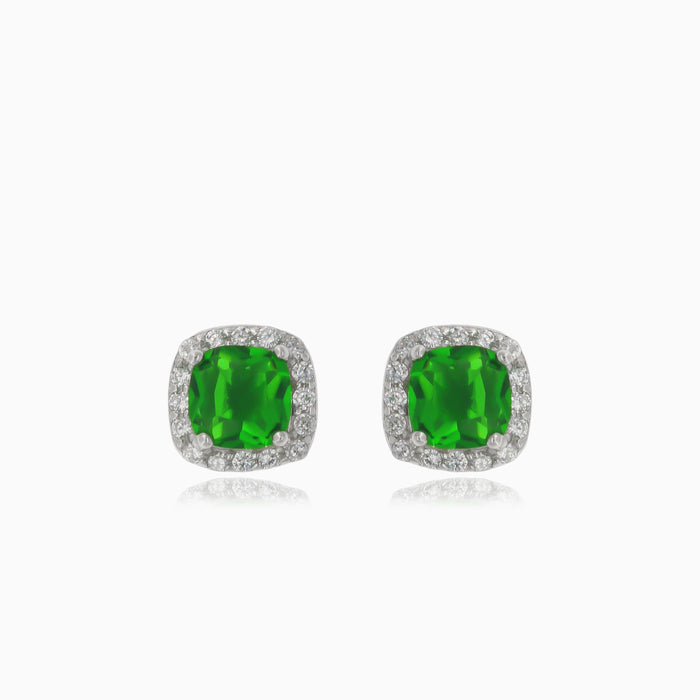 Silver stud earrings with square synthetic emerald