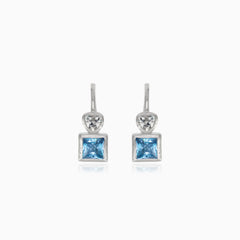 Silver earrings with square topaz and cubic zirconia heart