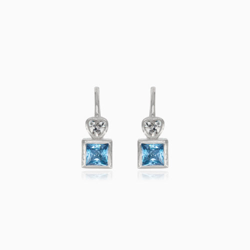 Silver earrings with square topaz and cubic zirconia heart