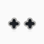 Silver four-leaf clover earrings with onyx