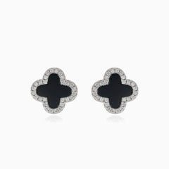 Silver four-leaf clover earrings with onyx