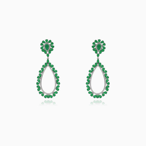 Hanging silver stud earrings with synthetic emerald