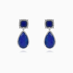 Silver sapphire drop & square earrings