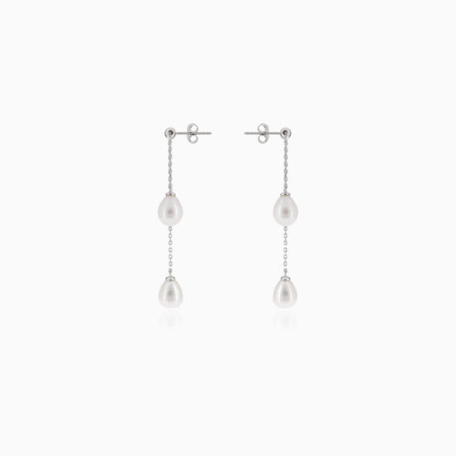 Silver dangle stud earrings with pearl