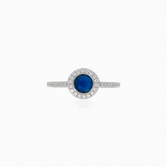 Chic women silver ring with synthetic sapphire and cubic zirconia