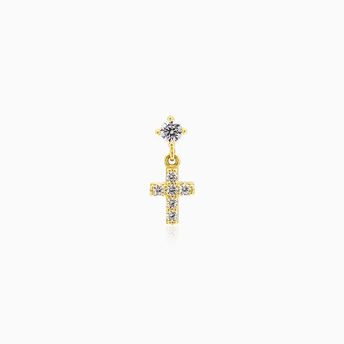 Elegantní zlatý piercing s kubickými zirkony a visícím křížkem