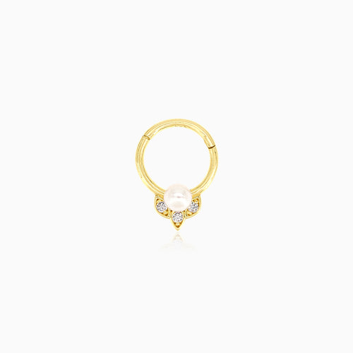 Elegant gold hoop piercing with cubic zirconia and pearl