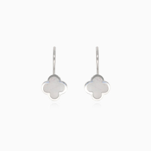 White gold mother of pearl clover leaf drop earrings