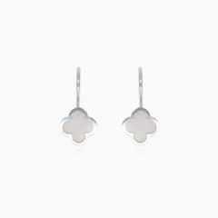 White gold mother of pearl clover leaf drop earrings