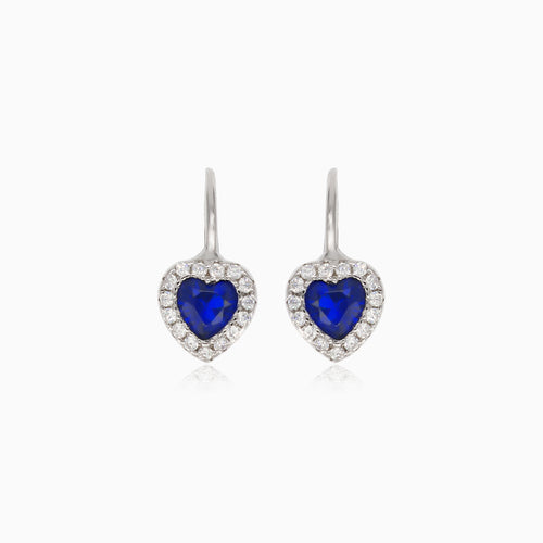 Silver heart drop earrings with synthetic sapphire