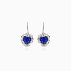 Silver heart drop earrings with synthetic sapphire