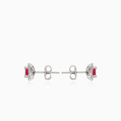 Silver stud earrings with synthetic ruby
