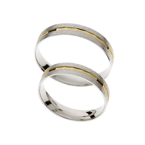 Matte white gold wedding ring with gold plated engraving