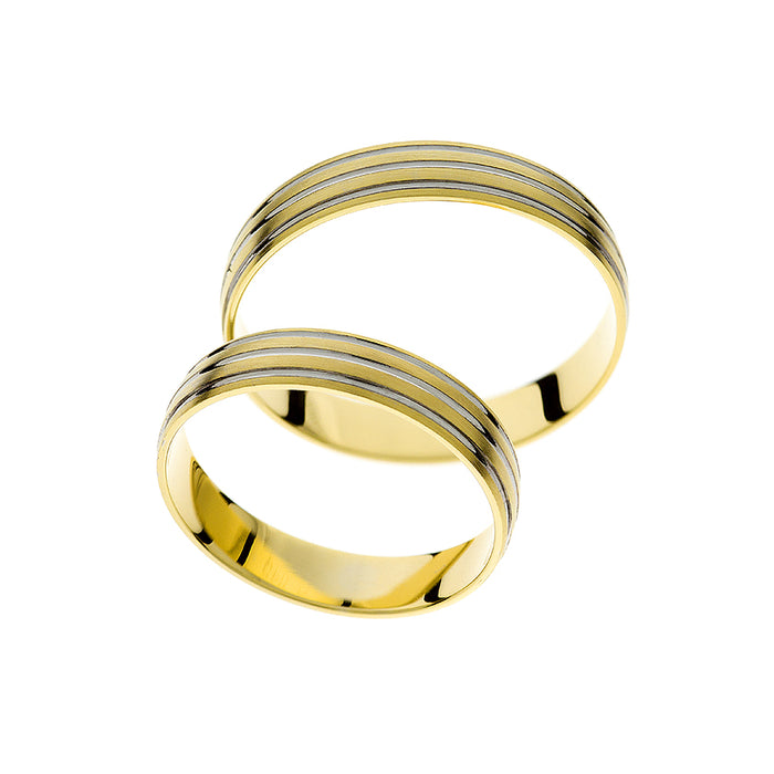 Bague de mariage en or jaune avec lignes en rhodium