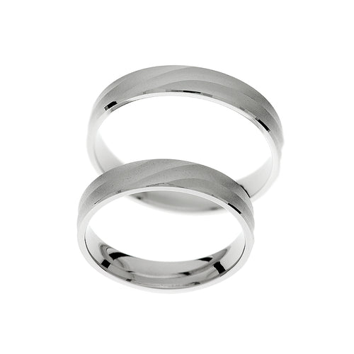 Matte white gold wedding rings with unique line