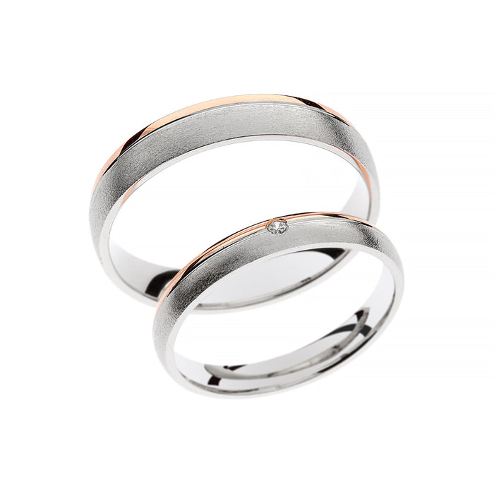 Anillo de boda de oro blanco mate y oro rosa pulido