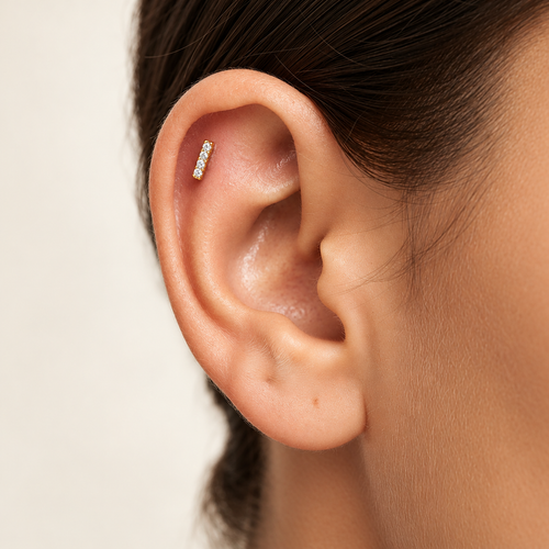 Yellow Gold Bar Piercing With Zirconia