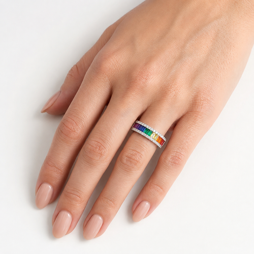 Sterling Silver Rainbow Baguette Ring