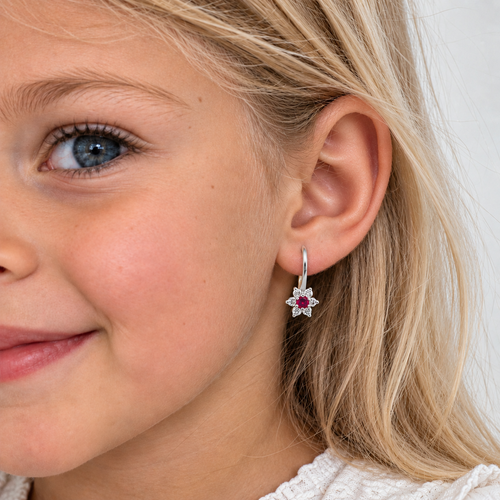 White gold ruby floral earrings with zirconia sparkle