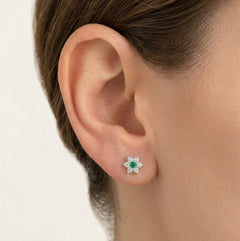 Silver stars earrings with synthetic emerald and cubic zirconia