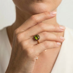 Ethereal opulence moldavite cushion sparkle ring