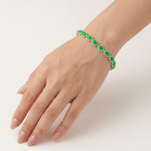 Bracelet en argent avec halo et émeraude taillée en ovale