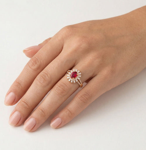 Elegant rose gold diamond and ruby ring