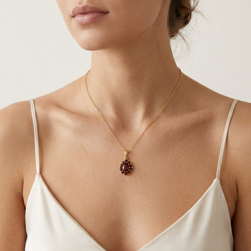 Radiant halo yellow gold garnet beauty pendant